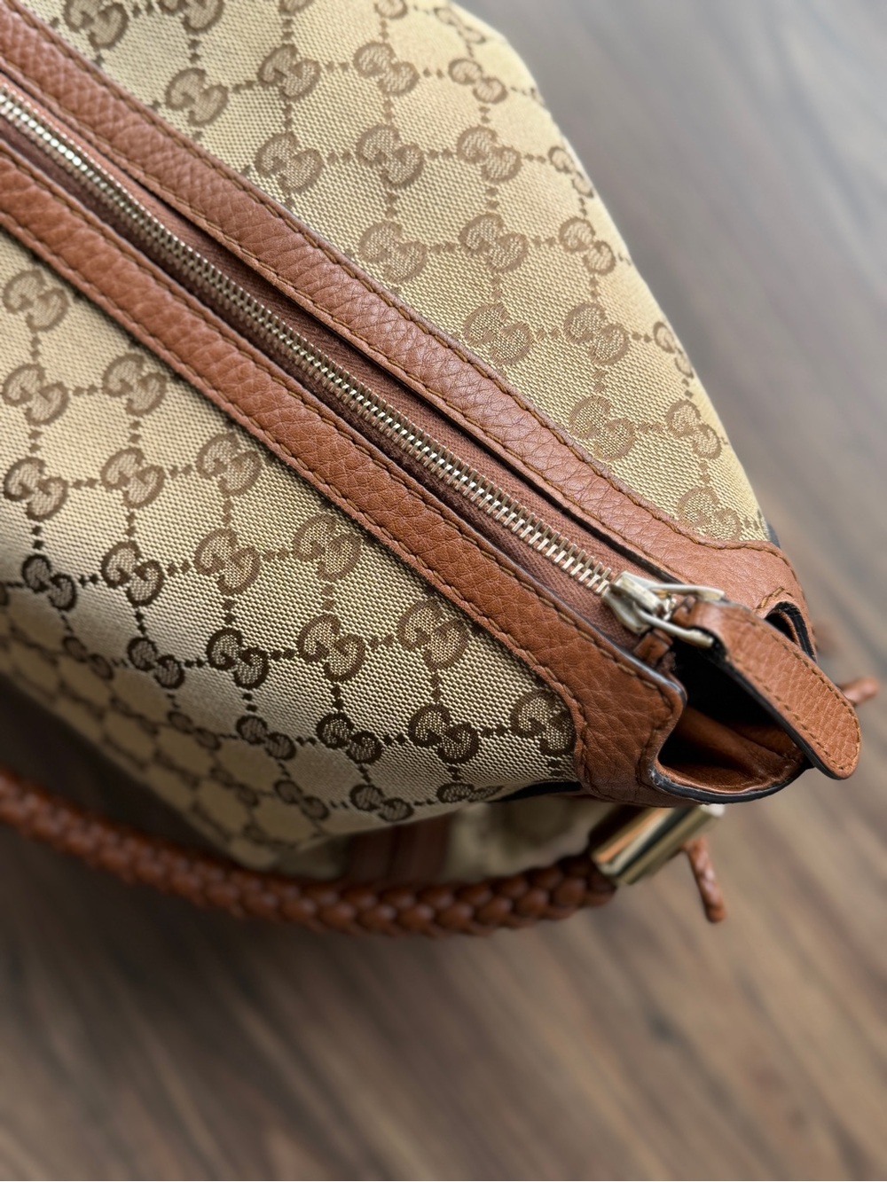 Gucci Beige & Brown GG Canvas Shoulder Hobo with Braided Handle - Picture 12 of 16